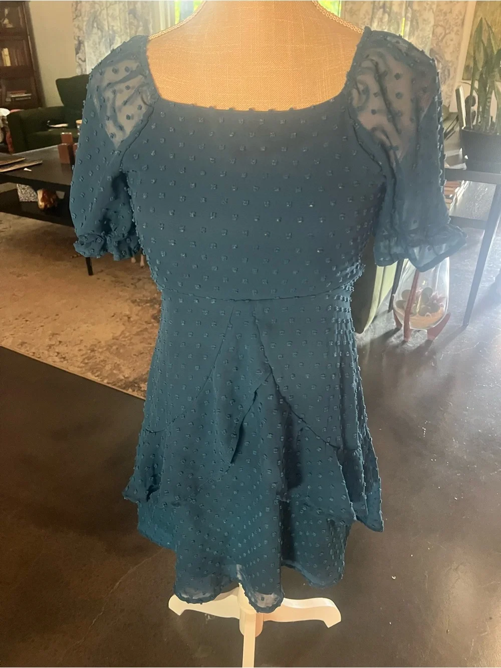 Girls' Teal Textured Puff-Sleeve Casual Dress